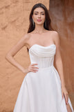 White Strapless Sweep Train Satin Wedding Dress With Slit