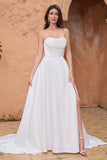 White Strapless Sweep Train Satin Wedding Dress With Slit