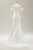 White Mermaid Off The Shoulder Pleated Satin Wedding Dress with Slit