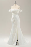 White Mermaid Off The Shoulder Pleated Satin Wedding Dress with Slit