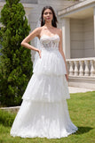 White Strapless Corset Tiered Lace Wedding Dress with Sash