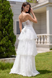 White Strapless Corset Tiered Lace Wedding Dress with Sash