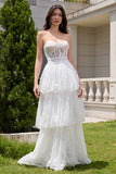 White Strapless Corset Tiered Lace Wedding Dress with Sash