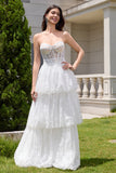 White Strapless Corset Tiered Lace Wedding Dress with Sash