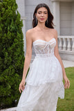 White Strapless Corset Tiered Lace Wedding Dress with Sash