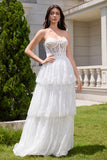 White Strapless Corset Tiered Lace Wedding Dress with Sash