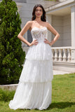 White Strapless Corset Tiered Lace Wedding Dress with Sash