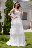 White Strapless Corset Tiered Lace Wedding Dress with Sash