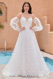 White Sweetheart Applique A Line Wedding Dress with Detachable Sleeves