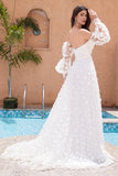 White Sweetheart Applique A Line Wedding Dress with Detachable Sleeves