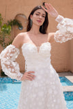 White Sweetheart Applique A Line Wedding Dress with Detachable Sleeves