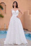 White Sweetheart Applique A Line Wedding Dress with Detachable Sleeves