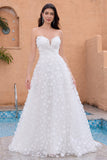 White Sweetheart Applique A Line Wedding Dress with Detachable Sleeves