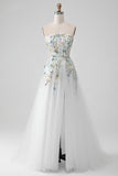 Fairy White A Line Strapless 3D Flowers Wedding Dress with Slit