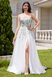 Fairy White A Line Strapless 3D Flowers Wedding Dress with Slit