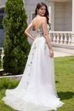 Fairy White A Line Strapless 3D Flowers Wedding Dress with Slit