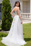 White A Line Strapless 3D Flowers Tulle Wedding Dress with Slit