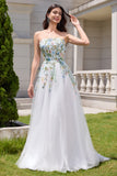 Fairy White A Line Strapless 3D Flowers Wedding Dress with Slit