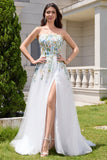 Fairy White A Line Strapless 3D Flowers Wedding Dress with Slit