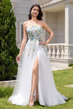 Fairy White A Line Strapless 3D Flowers Wedding Dress with Slit