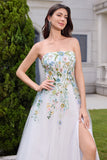 Fairy White A Line Strapless 3D Flowers Wedding Dress with Slit