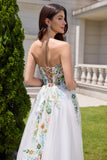 Fairy White A Line Strapless 3D Flowers Wedding Dress with Slit