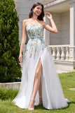 Fairy White A Line Strapless 3D Flowers Wedding Dress with Slit