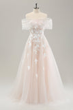 White A Line Off the Shoulder Applique Tulle Wedding Dress