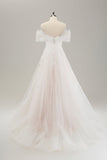 White A Line Off the Shoulder Applique Tulle Wedding Dress