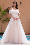 White A Line Off the Shoulder Applique Tulle Wedding Dress