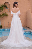 White A Line Off the Shoulder Applique Tulle Wedding Dress