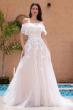 White A Line Off the Shoulder Applique Tulle Wedding Dress