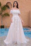 White A Line Off the Shoulder Applique Tulle Wedding Dress