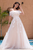 White A Line Off the Shoulder Applique Tulle Wedding Dress