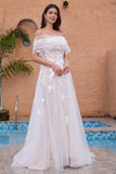 White A Line Off the Shoulder Applique Tulle Wedding Dress