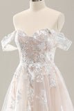 White A Line Off the Shoulder Tulle Wedding Dress with Applique Lace