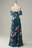 Light Blue A Line Off The Shoulder Floor Length Print Chiffon Bridesmaid Dress