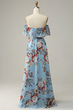 Light Blue A Line Off The Shoulder Floor Length Print Chiffon Bridesmaid Dress