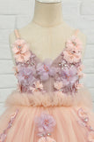 Pink Tulle Applique Spaghetti Straps Flower Girl Dress