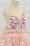 Pink Tulle Applique Spaghetti Straps Flower Girl Dress