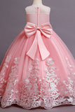 Pink Embroidery Sleeveless Flower Girl Dress with Bowknot