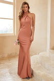 Mermaid Halter Blush Long Bridesmaid Dress with Backless