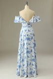 Blue Floral Print A Line Off the Shoulder Long Bridesmaid Dress