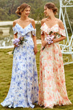 A Line Off the Shoulder Blue Floral Print Long Bridesmaid Dress