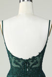 Spaghetti Straps Dark Green Corset Party Dress with Beading