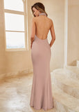 Mermaid Halter Blush Long Bridesmaid Dress with Backless