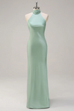 Halter Open Back Lemon Green Long Bridesmaid Dress