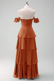 Terracotta Off the Shoulder Chiffon Long Bridesmaid Dress