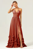 Peacock Halter Ruffled Chiffon Corset Bridesmaid Dress with Slit