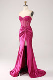 Fuchsia Mermaid Sweetheart Pleated Long Corset Satin Prom Dress With Slit